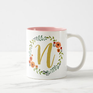 Tasse 2 Couleurs Couronne de fleurs botaniques Monogramme doré init
