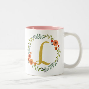 Tasse 2 Couleurs Couronne de fleurs botaniques Monogramme doré Init
