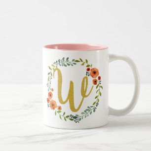 Tasse 2 Couleurs Couronne de fleurs botaniques Monogramme initial W