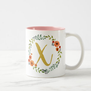 Tasse 2 Couleurs Couronne de fleurs botaniques Monogramme Or Initia