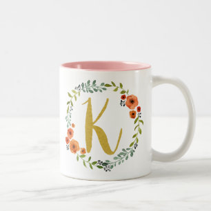 Tasse 2 Couleurs Couronne de fleurs botaniques Monogramme Or Initia