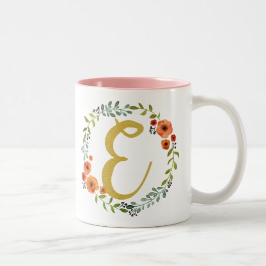 Tasse 2 Couleurs Couronne de fleurs Monogramme doré Initiale E (Droit)