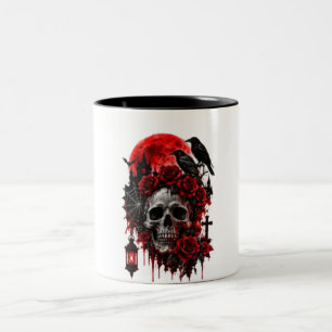 Tasse 2 Couleurs Crâne de corbeau gothique sombre avec roses cramoi