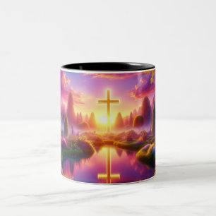 Tasse 2 Couleurs Croix d'or dans un jardin paradisiaque tropical