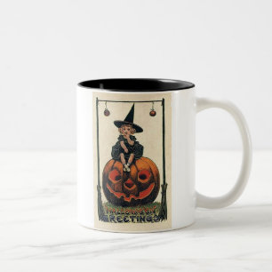 Tasse 2 Couleurs cru-Halloween-petit-fille-sorcière-citrouille-noi
