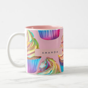 Tasse 2 Couleurs Cupcake pastel arc-en-ciel personnalisé avec paill