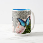 Tasse 2 Couleurs Custom Blue Morpho Butterfly Floral Artistic Name (Devant droit)
