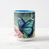 Tasse 2 Couleurs Custom Blue Morpho Butterfly Floral Name (Centre)