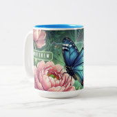 Tasse 2 Couleurs Custom Blue Morpho Butterfly Floral Name (Devant gauche)