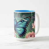Tasse 2 Couleurs Custom Blue Morpho Butterfly Floral Name (Devant droit)