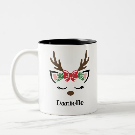 Tasse 2 Couleurs Cute Bow Reindeer Face Nom personnalisé Vacances (Gauche)