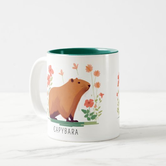 Tasse 2 Couleurs Cute Capybara et Fleurs (Devant gauche)