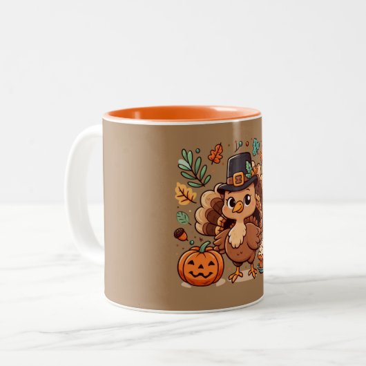 Tasse 2 Couleurs Cute caricature Thanksgiving dinde et citrouille (Devant gauche)