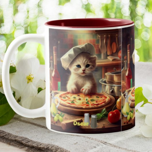 Tasse 2 Couleurs Cute chef Chat Fabriquer Pizza Nom personnalisé