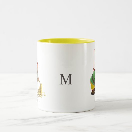 Tasse 2 Couleurs Cute Gnome with Gold Coins, Calligraphy & Monogram (Centre)