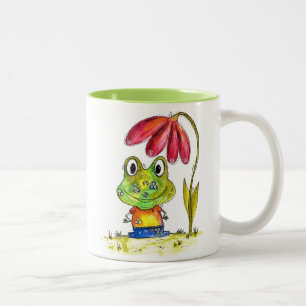Tasse 2 Couleurs Cute grenouille blanche Whimsical sous une fleur r