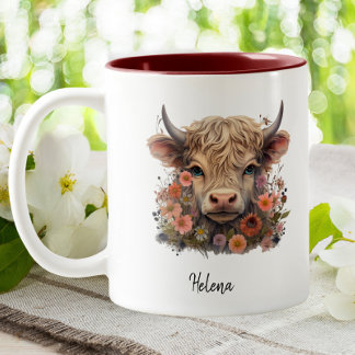 Tasse 2 Couleurs Cute Highland Vache rose Floral Aquarelle personna