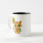 Tasse 2 Couleurs Cute Kawaii Chat Holding Fleur (Devant gauche)