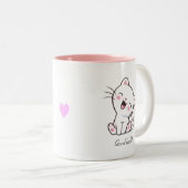 Tasse 2 Couleurs Cute Kitty Chat & Coeur sur Blanc (Devant droit)