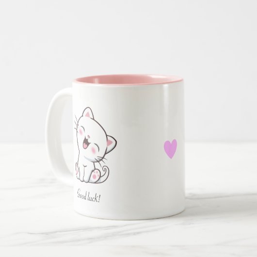 Tasse 2 Couleurs Cute Kitty Chat & Coeur sur Blanc (Devant gauche)