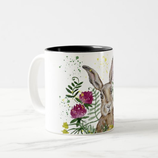 Tasse 2 Couleurs Cute lapin en fleurs d'aquarelle (Devant gauche)