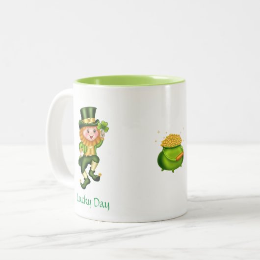 Tasse 2 Couleurs Cute Leprechaun, Calligraphie & Pot d'or (Devant gauche)