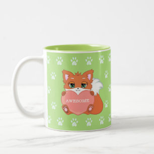 Tasse 2 Couleurs Cute Little Fox tenant un Motif de coeur et de paw