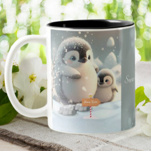 Tasse 2 Couleurs Cute Mom & Baby Penguin Neige personnalisée