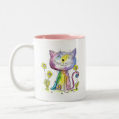 Tasse 2 Couleurs Cute Whimsical Happy Chat avec Fleurs Jaunes (Gauche)