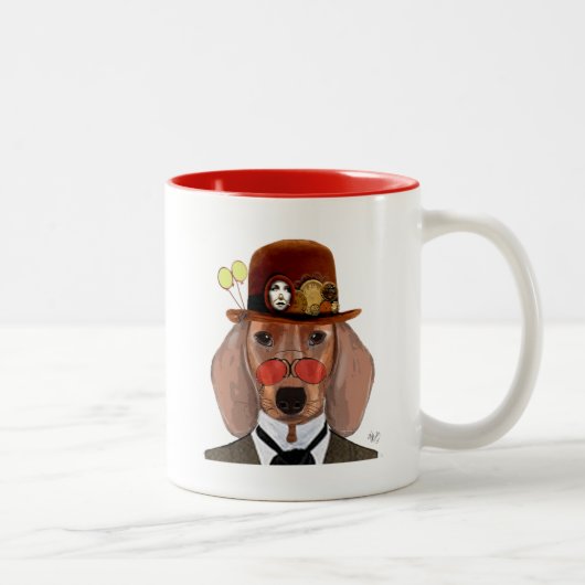 Tasse 2 Couleurs Dachshund avec Casquette Bowler Steampunk (Droit)