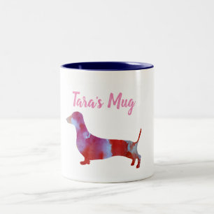 Tasse 2 Couleurs Dachshund rose aquarelle nom personnalisé