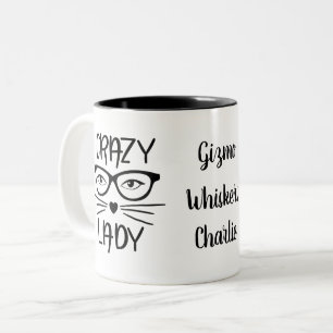 Tasse 2 Couleurs Dame Chat Fou 3 Noms de Chat Personnalisés