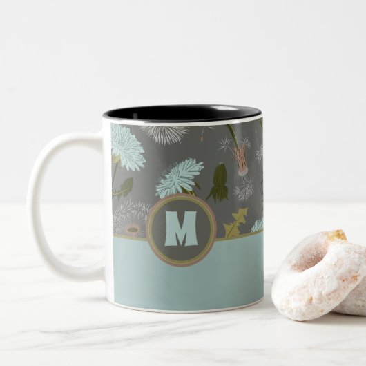 Tasse 2 Couleurs Dandelion monogramme Gris Fleurs bleues (Avec donut)
