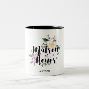 Tasse 2 Couleurs Demoiselle d'Honneur Fleurs Rose Aquarelle Mariage