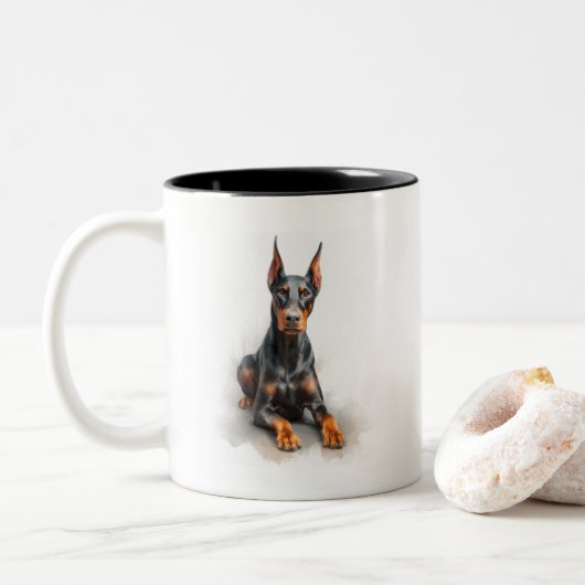Tasse 2 Couleurs Doberman Watercolor Art (Avec donut)