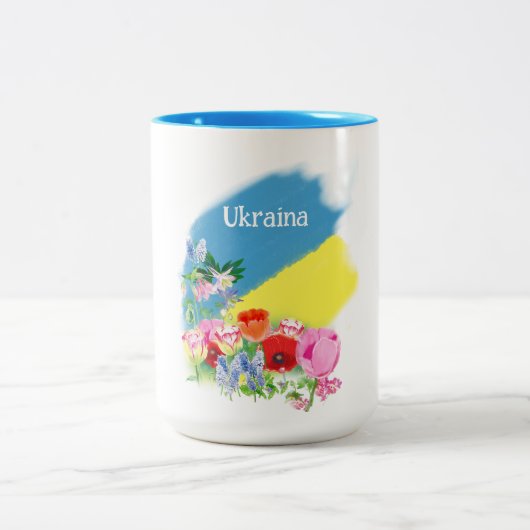 Tasse 2 Couleurs Drapeau ukrainien et fleurs (Centre)