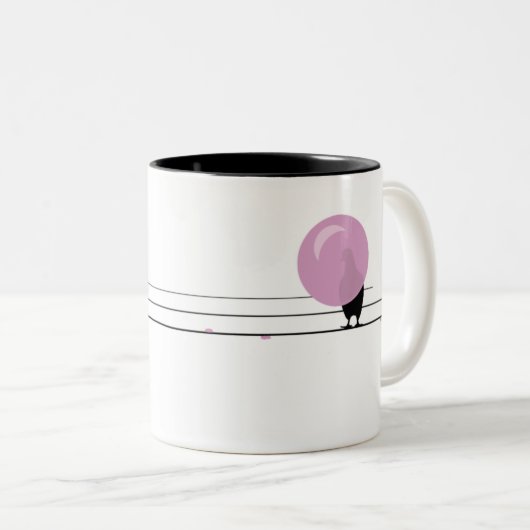Tasse 2 Couleurs Drôle mignon Bubblegum Birds sur un fil blanc (Devant droit)
