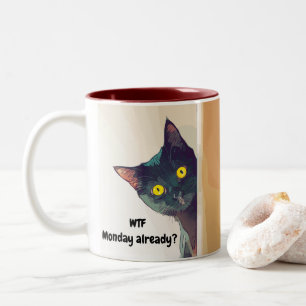 Tasse 2 Couleurs Drôle mignon Chat Curieux illustré Mug.
