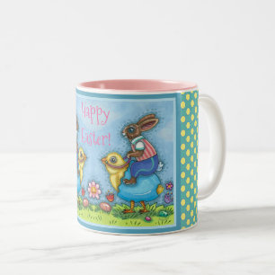 TASSE 2 COULEURS EASTER BUNNY ÉQUITATION CUTE POULET EN OEUF BLEU,