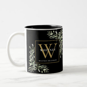 Tasse 2 Couleurs Élégance végétale Monogramme personnalisé noir or 