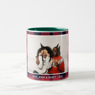 Tasse 2 Couleurs Élégant Buffle Rouge Plaid Christmas Couple Photo