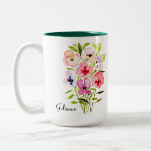 Tasse 2 Couleurs Élégant Fleur sauvage aquarelle avec nom