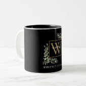 Tasse 2 Couleurs Élégant Monogramme d'or noir Eucalyptus Vert (Devant gauche)