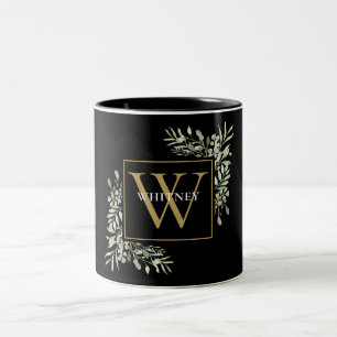 Tasse 2 Couleurs Élégant Monogramme Floral de Feuillage en Or Noir