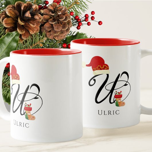 Tasse 2 Couleurs Élégant Monogramme Moderne Lettre Initiale U Noël