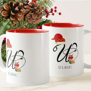 Tasse 2 Couleurs Élégant Monogramme moderne Script initial U Noël