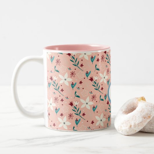 Tasse 2 Couleurs Élégant Motif rose froral (Avec donut)
