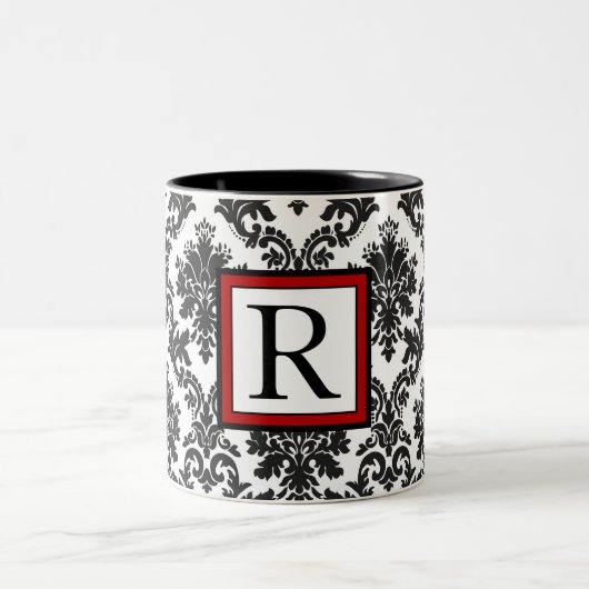 Tasse 2 Couleurs Élégant noir blanc rouge Damas Monogramme (Centre)