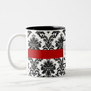 Tasse 2 Couleurs Élégant noir blanc rouge Damas Monogramme