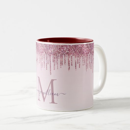 Tasse 2 Couleurs Élégant Rose de Parties scintillant Monogramme (Devant droit)